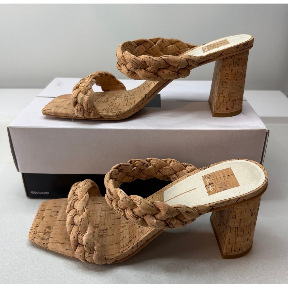 Dolce Vita Paily Braided Block Heel Mules Cork Stella Square Toe Womens 9 NEW